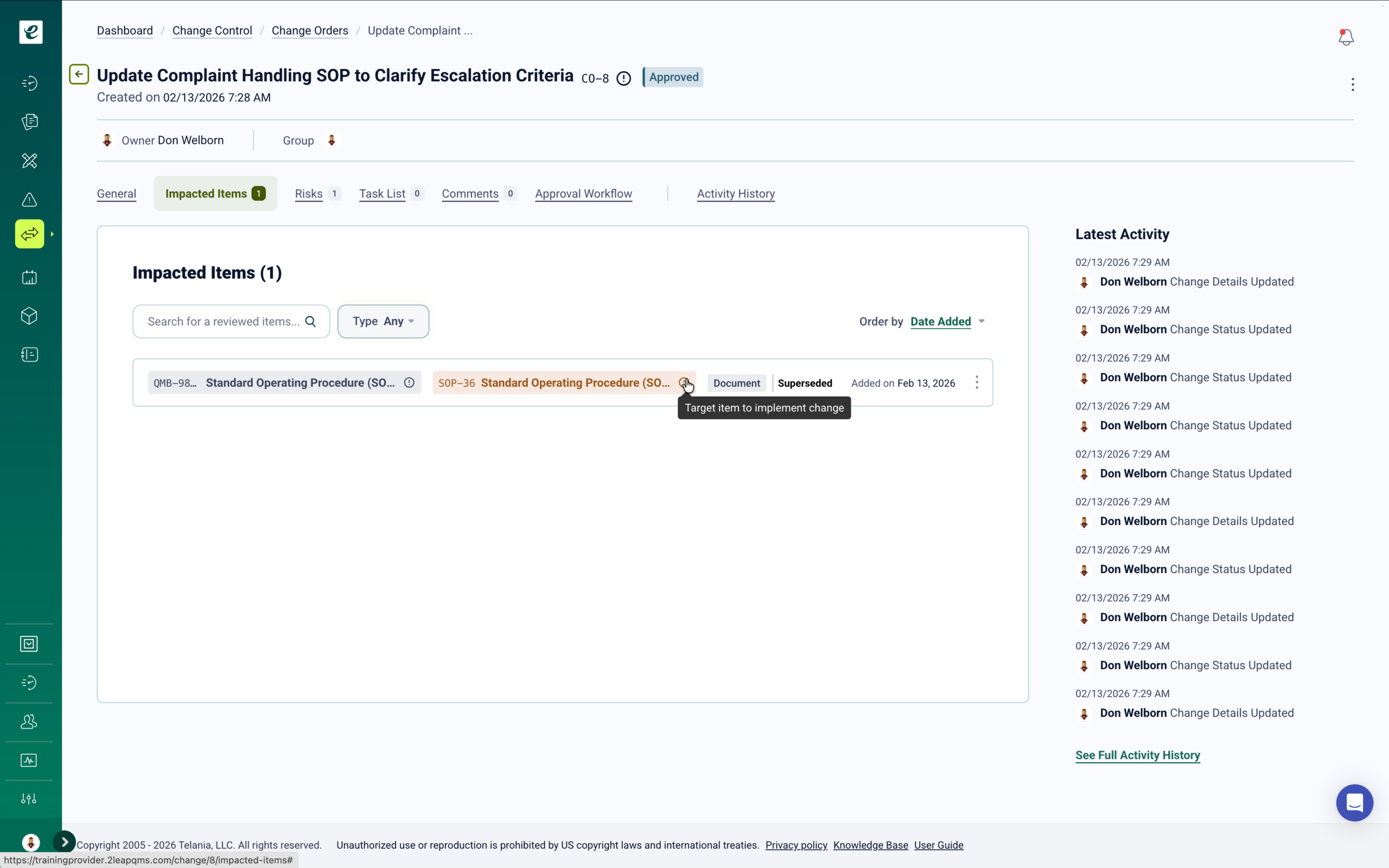 Change control management in eLeaP eQMS Automotive QMS