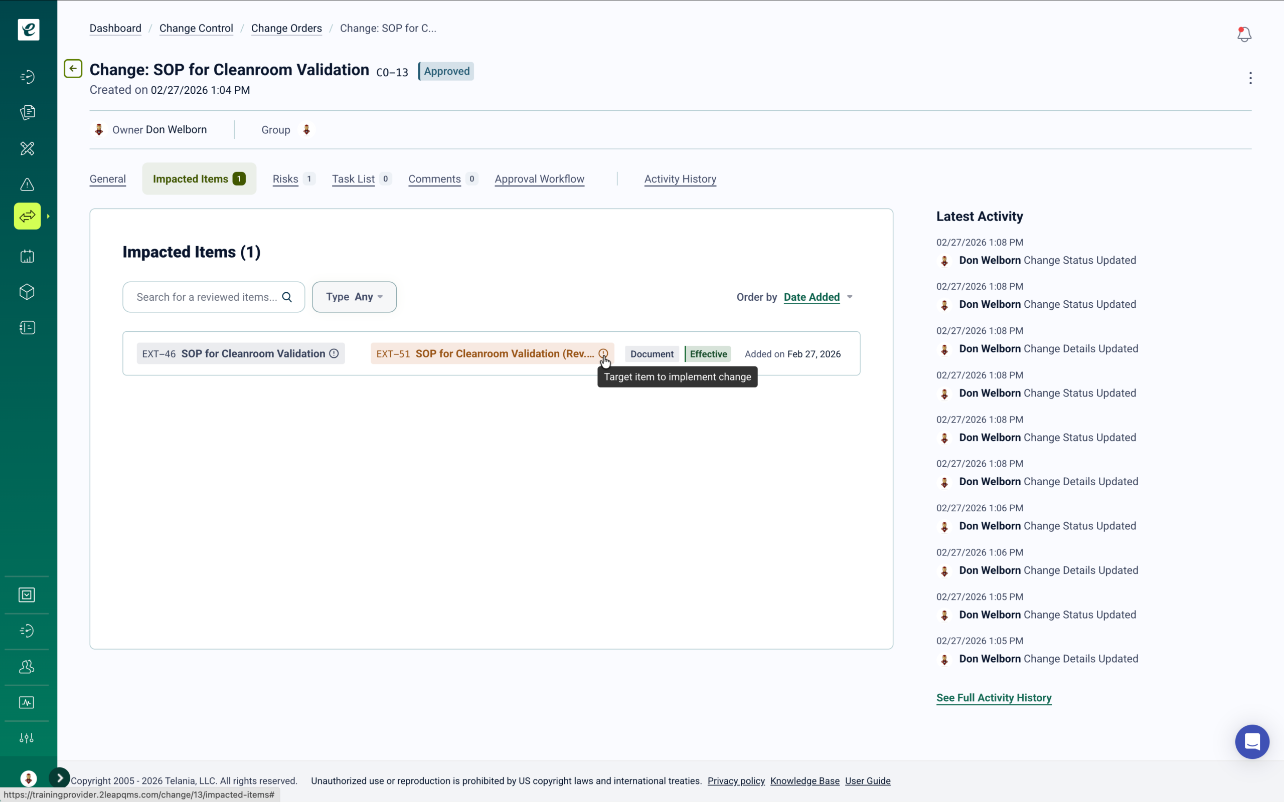 Manufacturing QMS change control change management