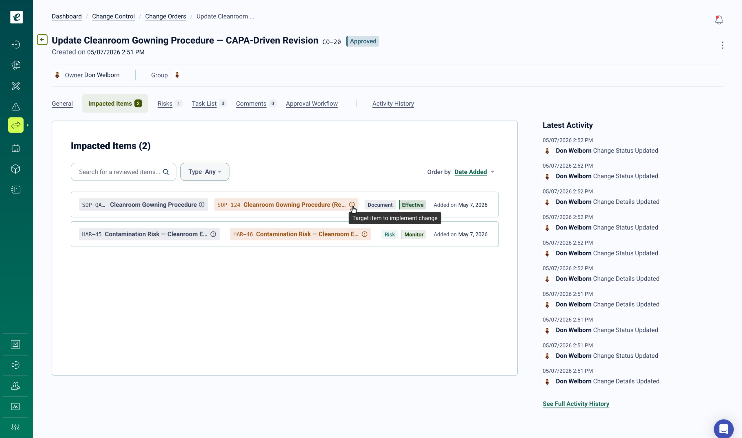 Change control management in eLeaP eQMS