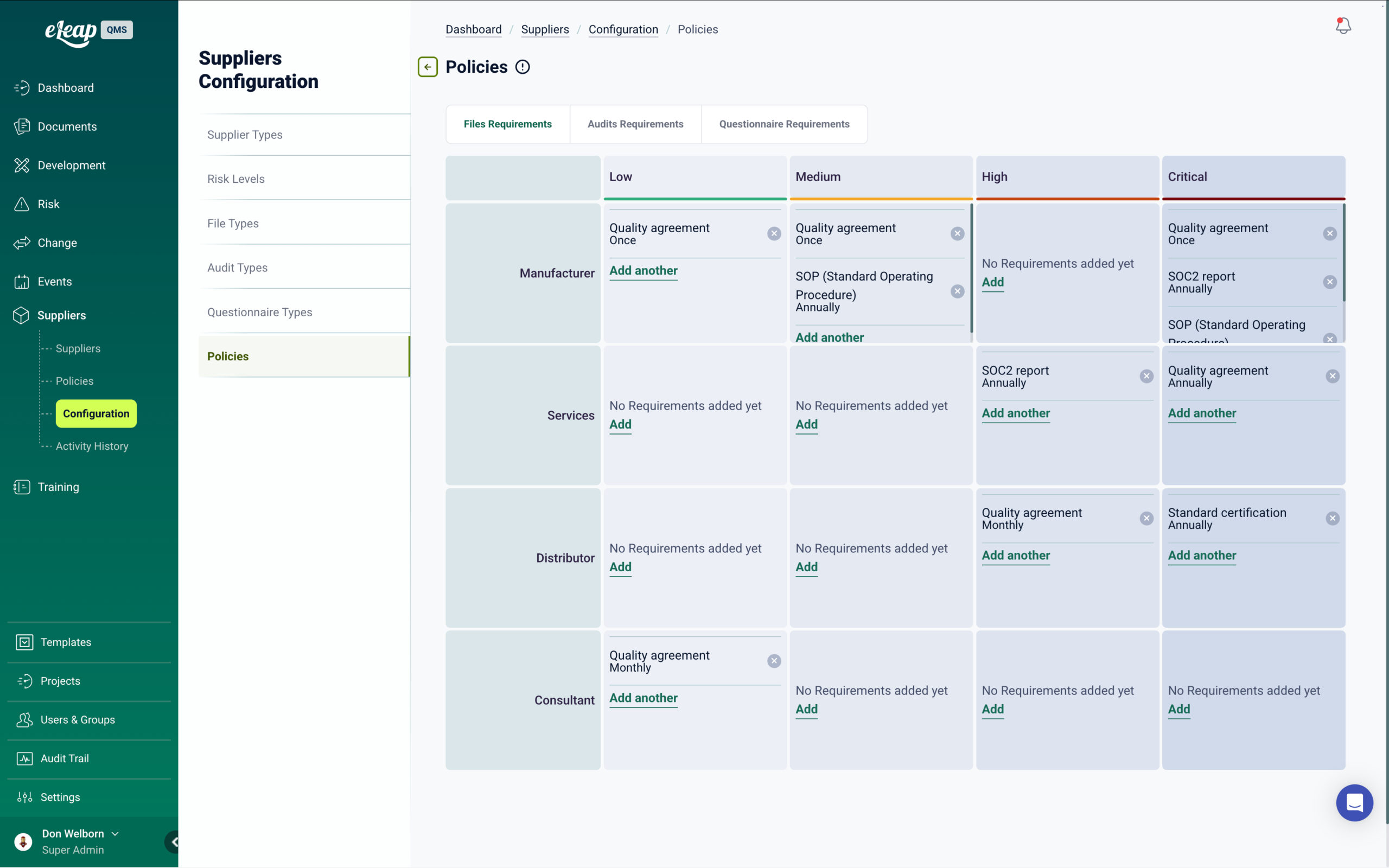 Supplier management in eLeaP eQMS - supplier policies configuration